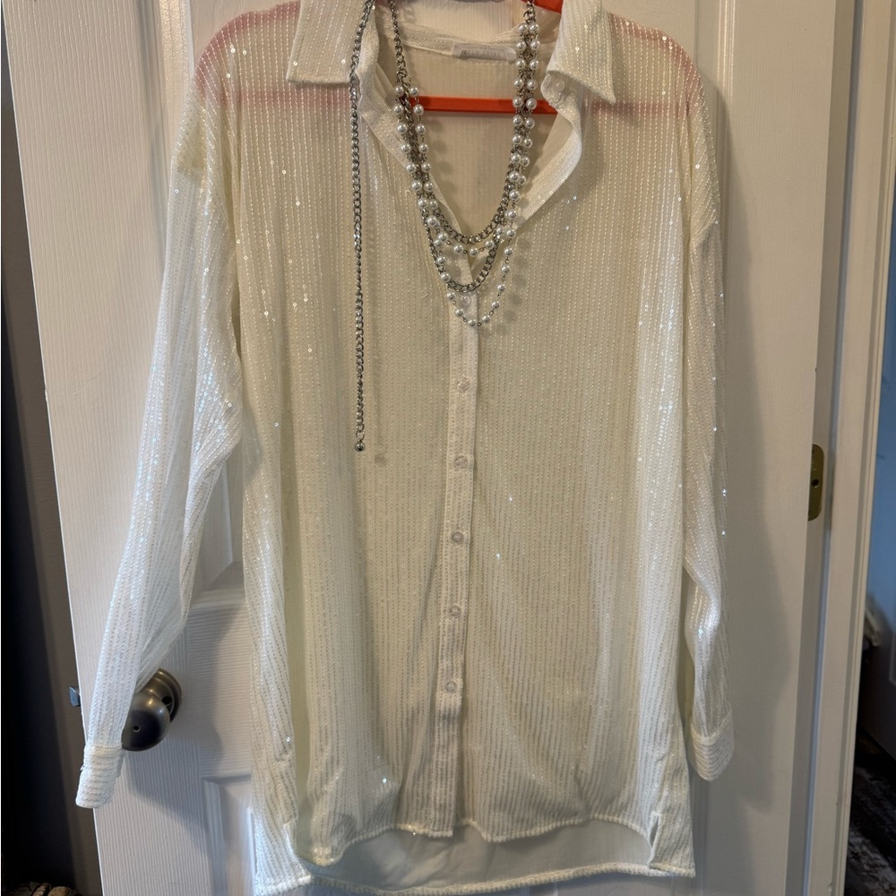 White Sequin Button-Up dress with belt